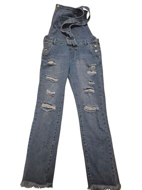XL-Women's Distressed Denim Overalls - Blue